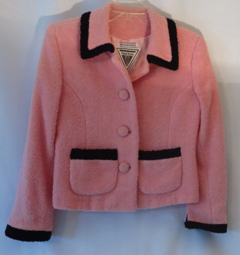 Marvin Richards Wool Short Teddy Jacket Size 4P Pink Black Cozy Retro Vintage